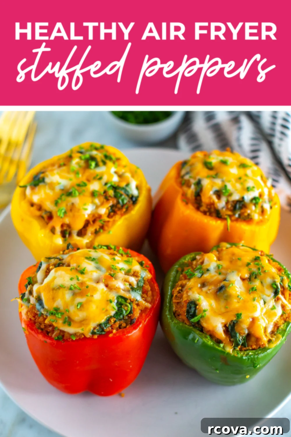 Effortless Air Fryer Stuffed Peppers 13 A close-up of stuffed peppers with the text "Healthy Air Fryer Stuffed Peppers" on top.