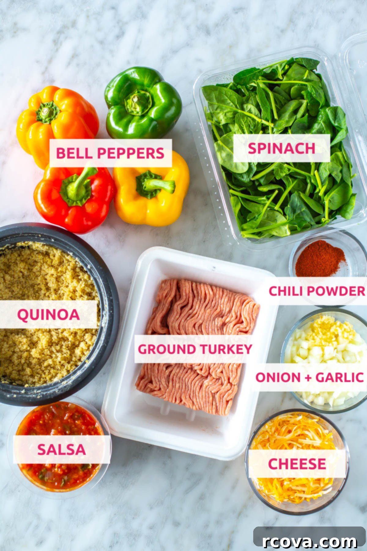 Effortless Air Fryer Stuffed Peppers 4 Ingredients for air fryer stuffed peppers: quinoa, bell peppers, spinach, chili powder, ground turkey, onion, garlic, cheese and salsa.