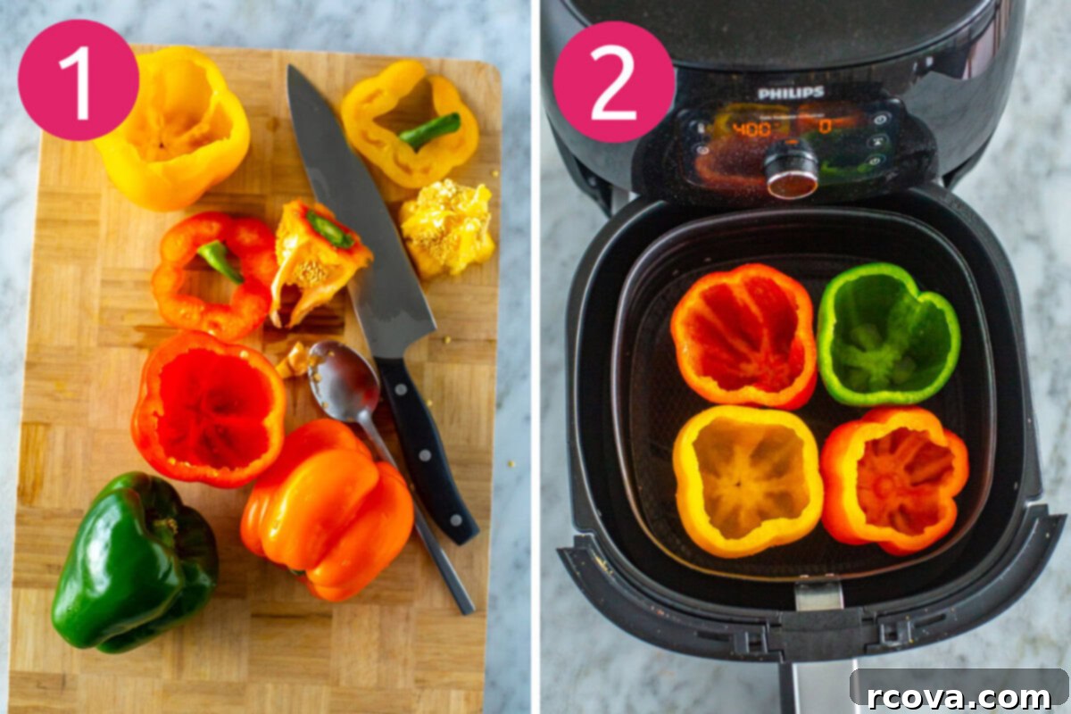 Effortless Air Fryer Stuffed Peppers 5 Steps 1 and 2 for making air fryer stuffed peppers: cut tops off peppers and make quinoa, then cook peppers in air fryer.