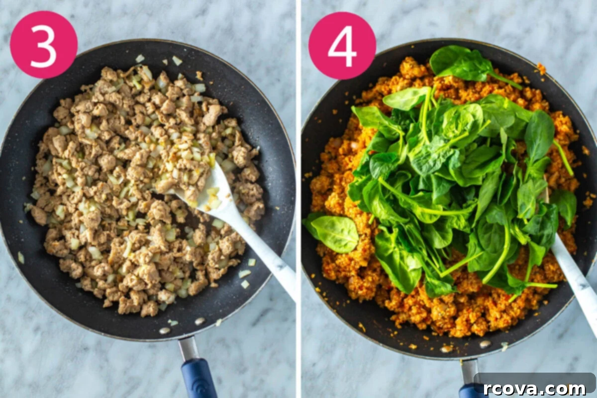 Effortless Air Fryer Stuffed Peppers 6 Steps 3 and 4 for making air fryer stuffed peppers: cook ground turkey and add onion and garlic, then add in quinoa, salsa and spinach.