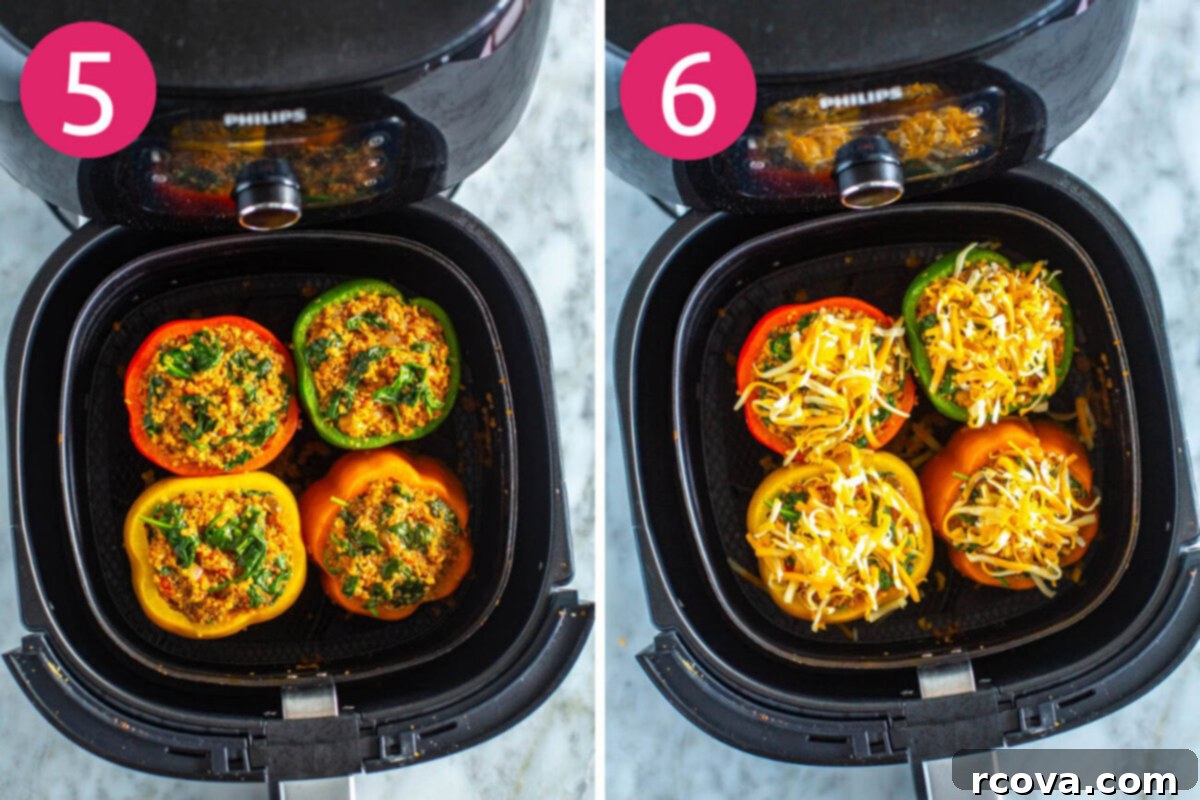 Effortless Air Fryer Stuffed Peppers 7 Steps 5 and 6 for making air fryer stuffed peppers: Add filling to peppers then top with cheese and cook.