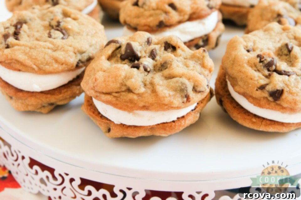 Gooey Smores Cookie Stacks 3 Close-up of S'mores Cookie Sandwiches showing the homemade marshmallow filling between two graham cracker chocolate chip cookies.