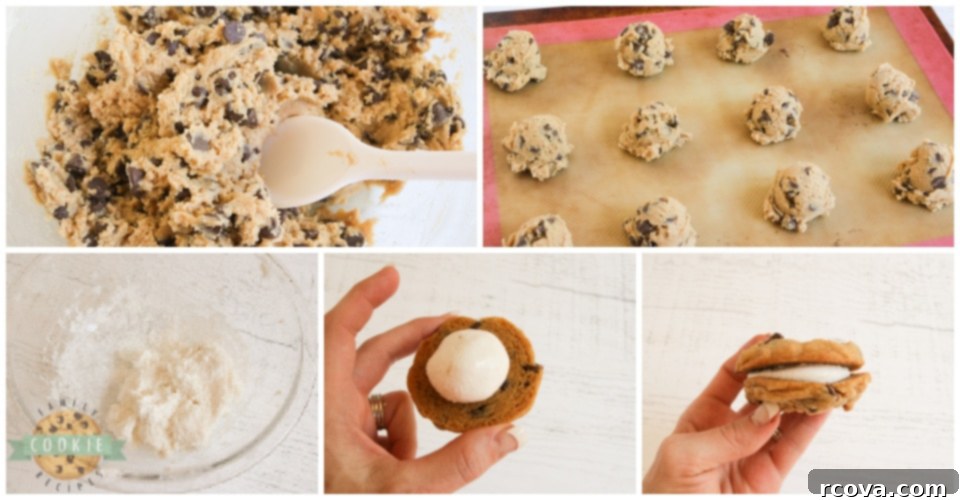 Gooey Smores Cookie Stacks 4 Step-by-step process of making S'mores Cookie Sandwiches, including mixing ingredients and assembling.