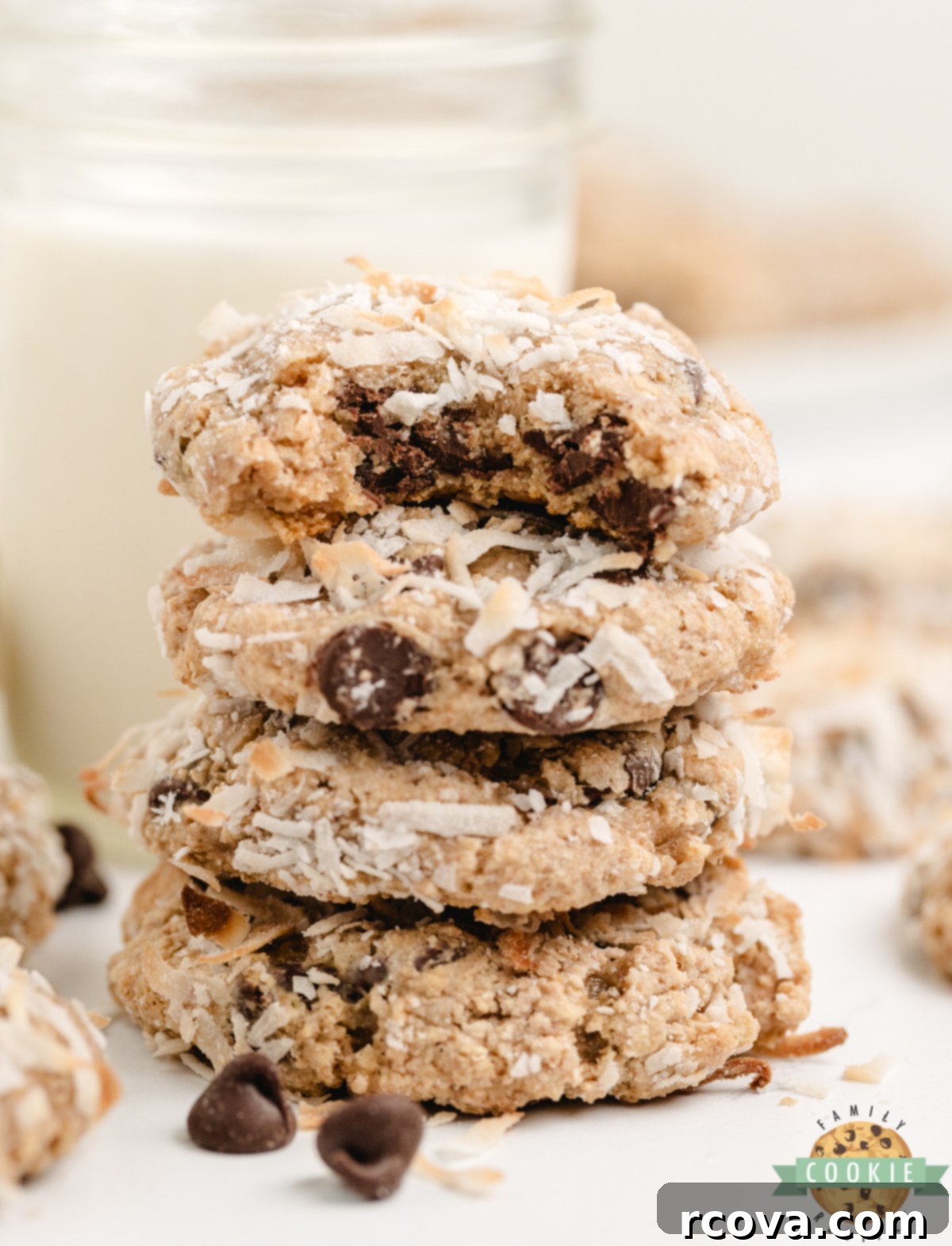 Tropical Graham Coconut Delights 5 Stack of chewy graham cracker coconut cookies with chocolate chips.