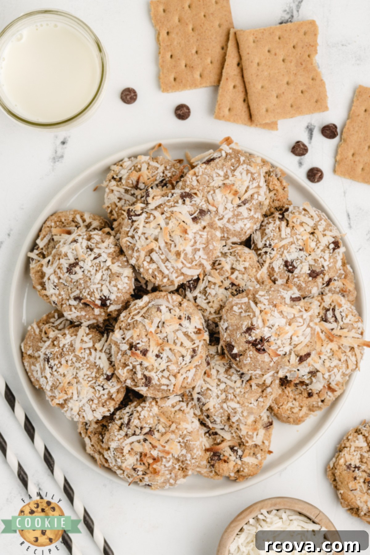 Tropical Graham Coconut Delights 8 A plate of Graham Cracker Coconut Cookies.