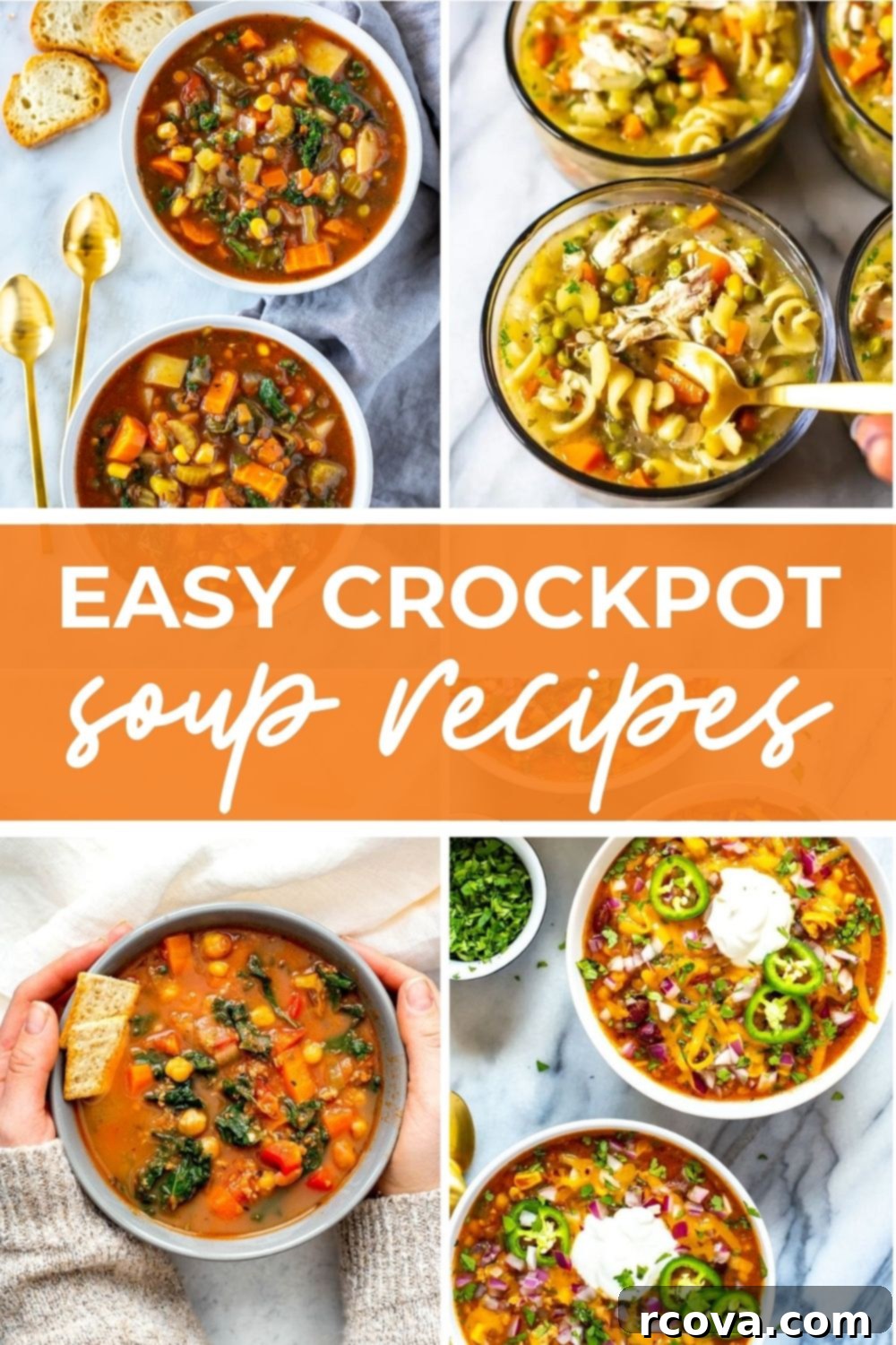 20 No-Fuss Slow Cooker Soup Recipes 2 Collage of various crockpot soups, with inviting text that says 'Easy Crockpot Soup Recipes'