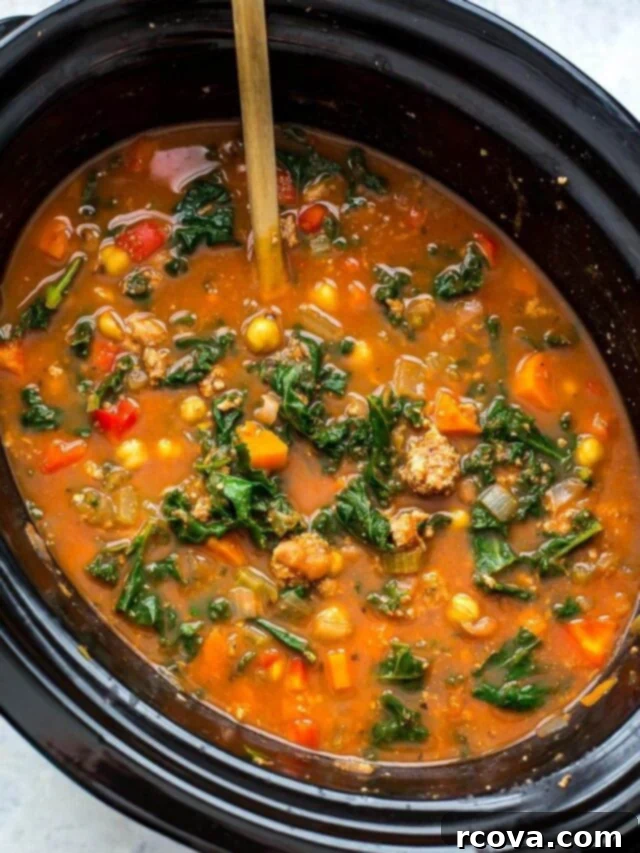 20 No-Fuss Slow Cooker Soup Recipes 12 Hearty Slow Cooker Tuscan Sausage and Kale Soup, rich with vegetables.