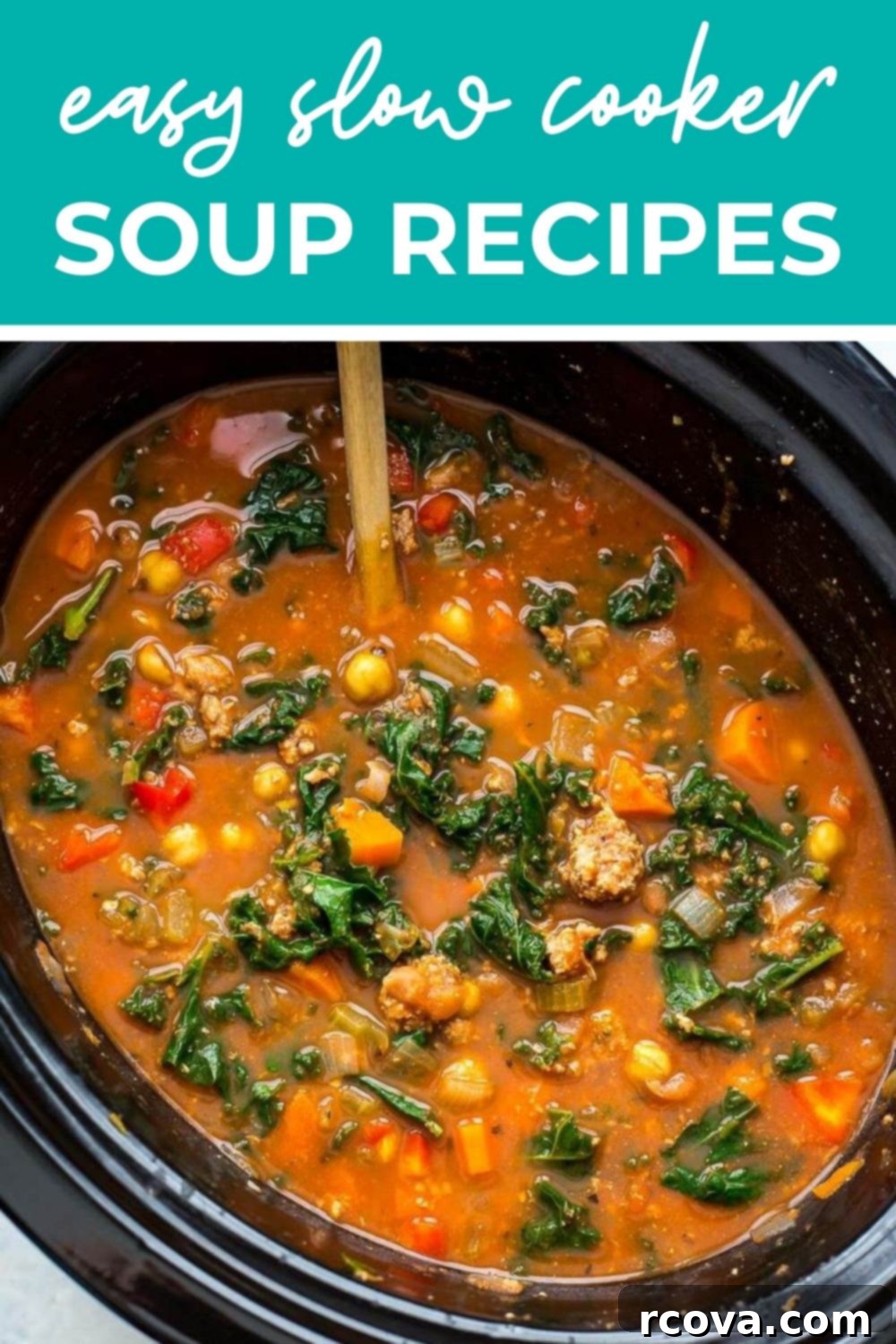 20 No-Fuss Slow Cooker Soup Recipes 24 Slow cooker soup, with text that says 'Easy Slow Cooker Soup Recipes' for Pinterest sharing.