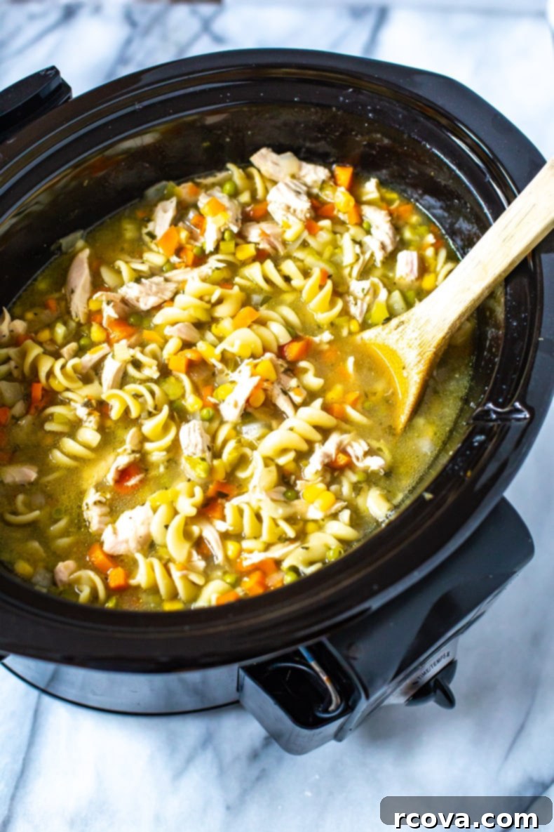 20 No-Fuss Slow Cooker Soup Recipes 4 Classic Crockpot Chicken Noodle Soup in a bowl, a comforting meal.