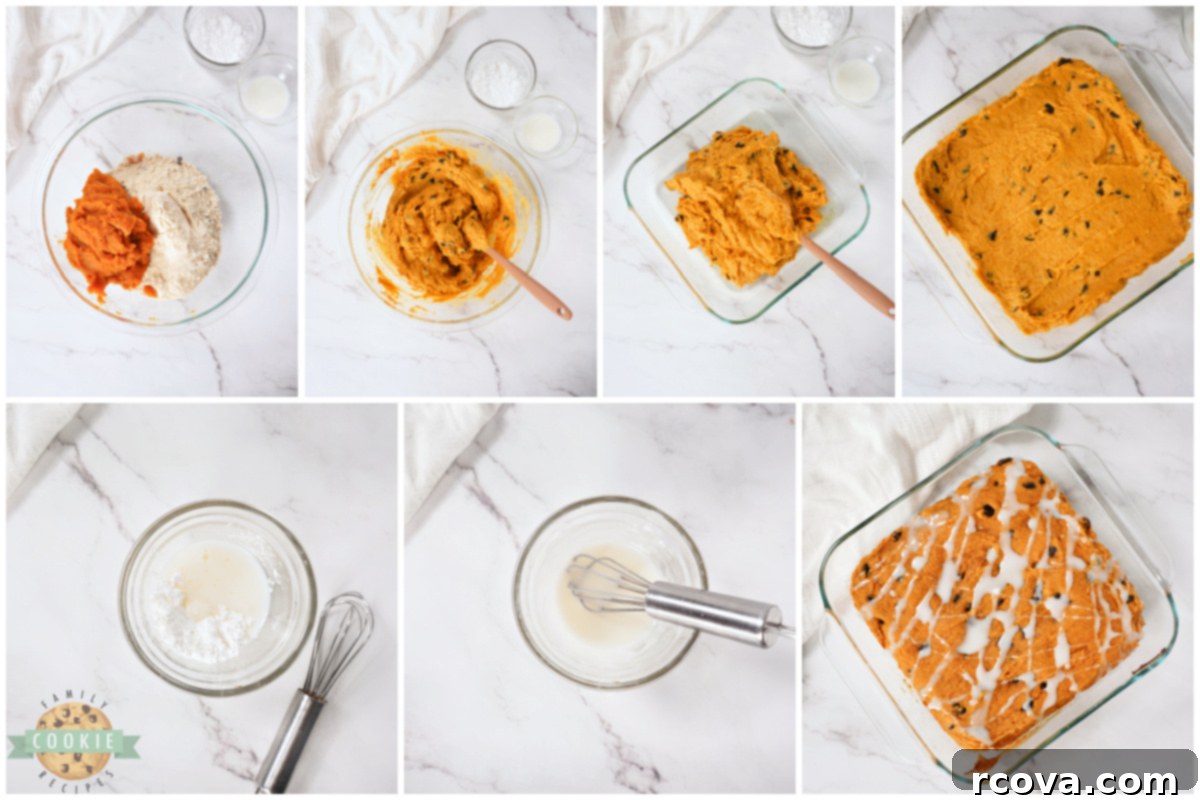 Cozy Autumn Pumpkin Chocolate Chip Bars 4 A step-by-step visual guide showing how to mix, bake, glaze, and cut Pumpkin Chocolate Chip Cookie Bars.