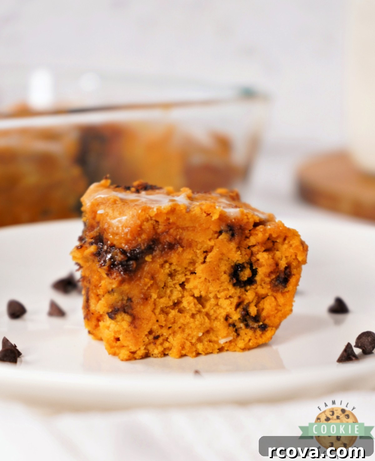 Cozy Autumn Pumpkin Chocolate Chip Bars 5 Close-up of baked Pumpkin Chocolate Chip Cookie Bars topped with powdered sugar icing and small chocolate chips visible.