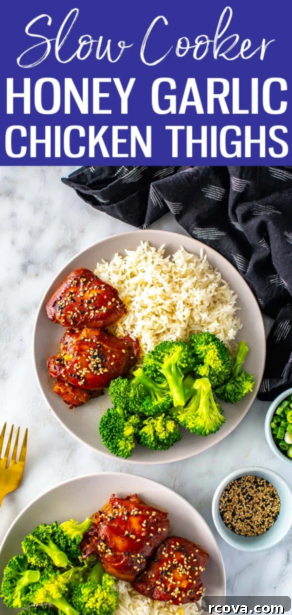 Honey Garlic Slow Cooker Chicken 12 These Slow Cooker Honey Garlic Chicken Thighs are amazing! Cook hands-off in the crockpot and serve with broccoli and rice for a full meal. #slowcooker #chickenthighs