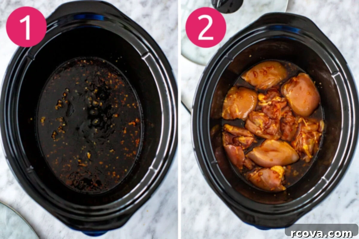 Honey Garlic Slow Cooker Chicken 5 Steps 1 and 2 for making slow cooker chicken thighs: First, mix together the sauce ingredients in the slow cooker, then add chicken thighs and cook.