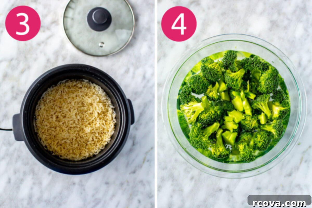 Honey Garlic Slow Cooker Chicken 6 Steps 3 and 4 for making slow cooker chicken thighs: Prepare the rice in a rice cooker or pot, and steam the broccoli.