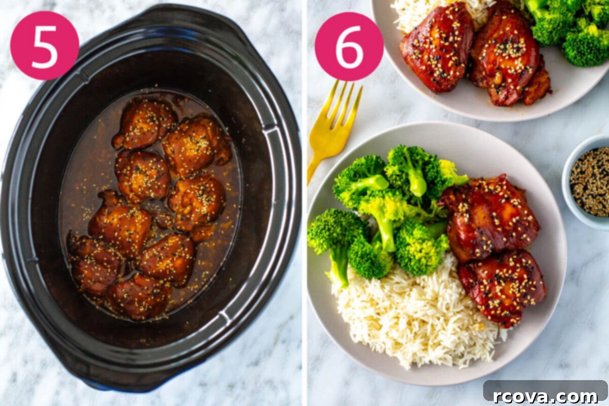 Honey Garlic Slow Cooker Chicken 7 Steps 5 and 6 for making slow cooker honey garlic chicken thighs: Garnish the cooked chicken with sesame seeds and green onions, then serve with rice and broccoli.