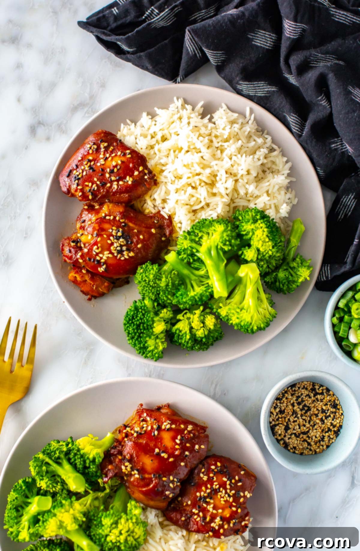 Honey Garlic Slow Cooker Chicken 9 A beautifully plated dish of slow cooker honey garlic chicken thighs, served with bright green broccoli and white rice, ready to eat.