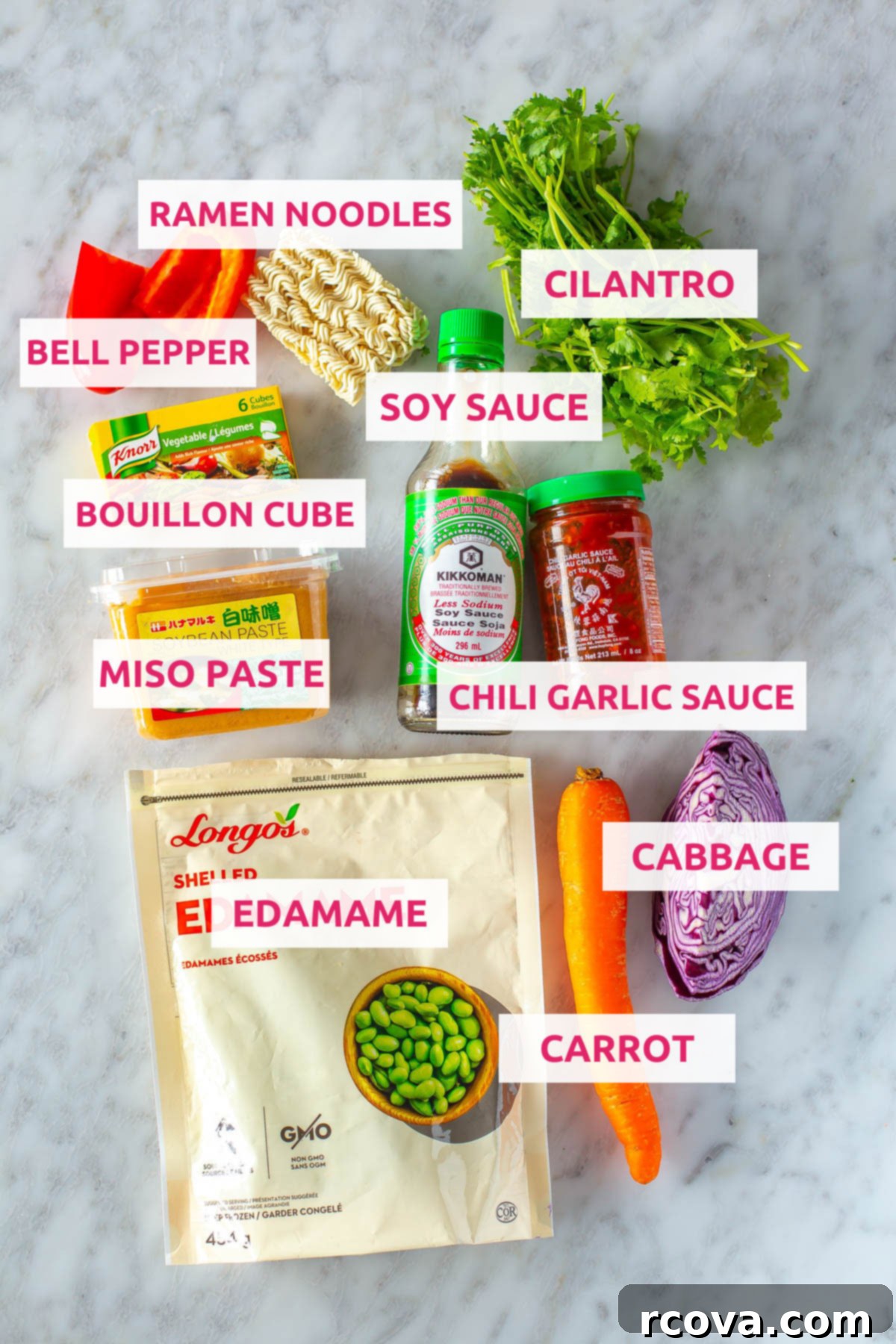 Homemade Instant Noodle Perfection 4 A flat lay photograph of all the fresh ingredients needed for DIY instant noodles: ramen noodles, fresh cilantro, sliced bell pepper, chili garlic sauce, soy sauce, shelled edamame, a vegetable bouillon cube, shredded carrot, and thinly sliced cabbage, all neatly arranged.