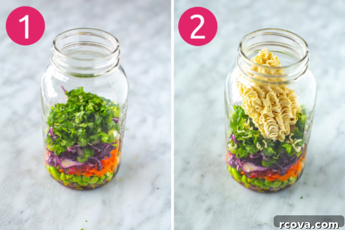 Homemade Instant Noodle Perfection 5 Step-by-step photos showing the first two stages of making DIY instant noodles: first, layering fresh vegetables and herbs at the bottom of a mason jar, followed by adding ramen noodles and a bouillon cube on top.