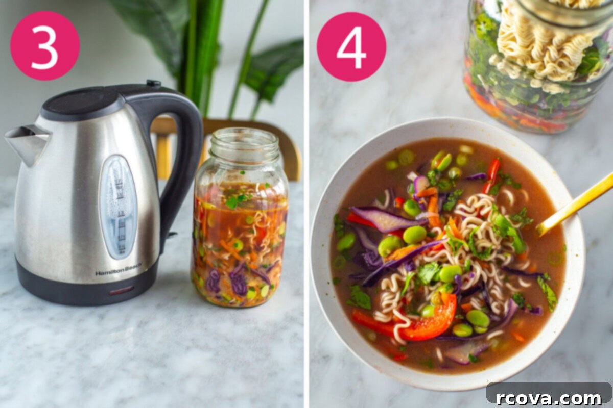 Homemade Instant Noodle Perfection 6 Step-by-step photos illustrating the final stages of DIY instant noodle preparation: adding boiling water to the prepared mason jar, then pouring the hot, ready-to-eat noodles into a bowl for enjoyment.