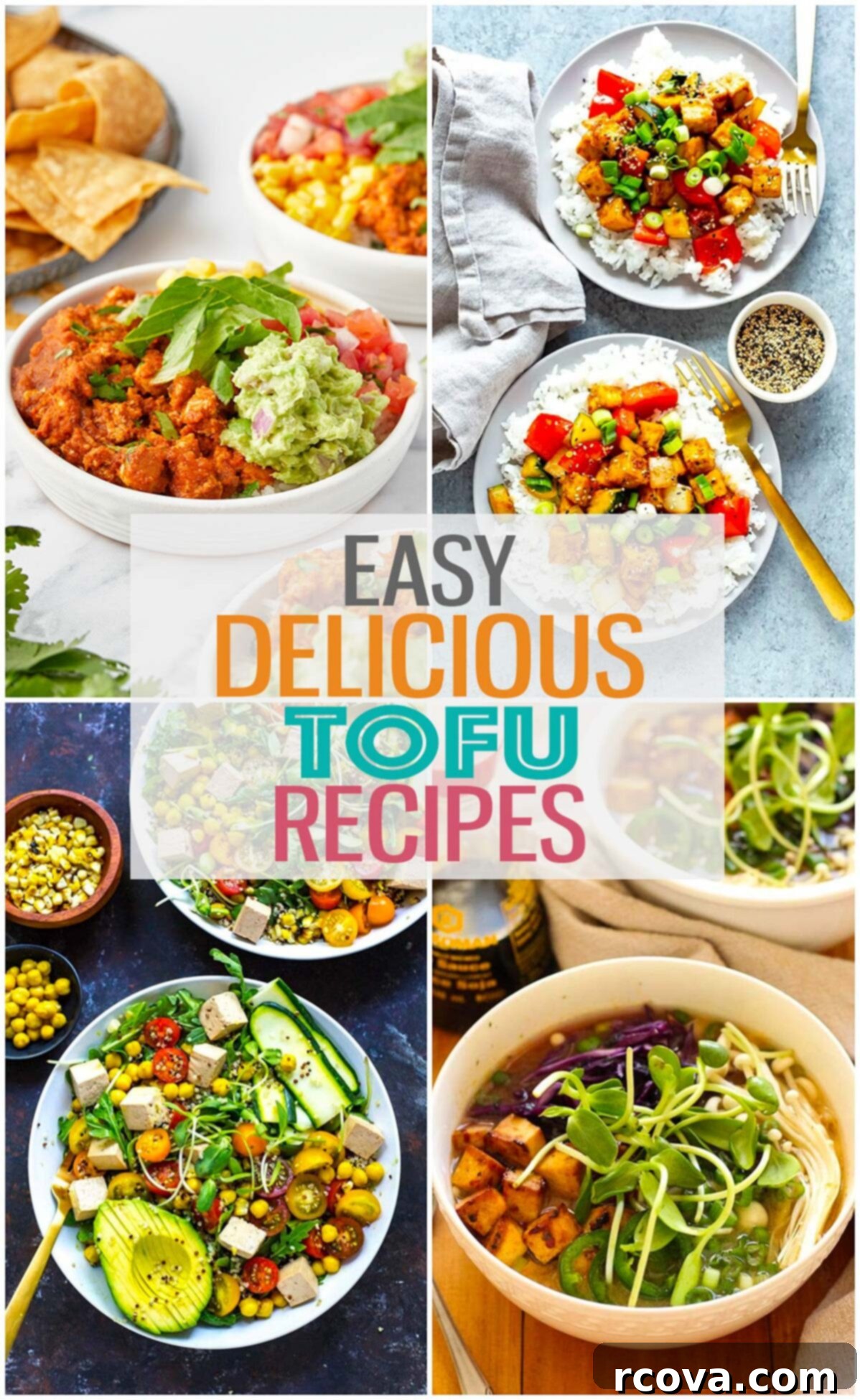 Tofu Transformed: 17 Irresistible Dishes 2 A collage of four different tofu recipes including Buddha bowls and stir-fries, with text overlay: "Easy Delicious Tofu Recipes".