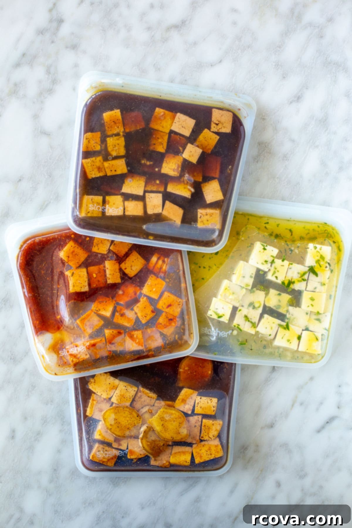 Tofu Transformed: 17 Irresistible Dishes 18 Four different types of marinated tofu in reusable freezer bags.