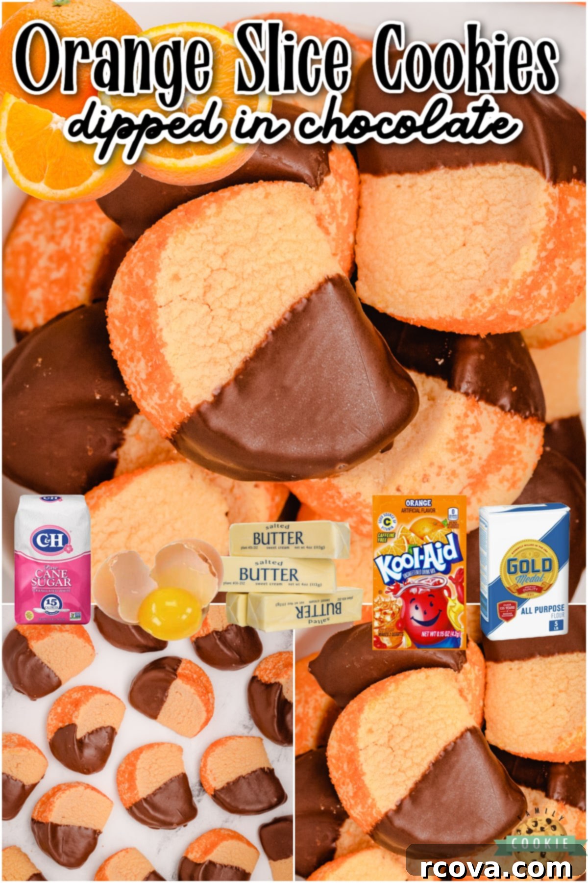 Zesty Chocolate Orange Cookies 6 Chocolate Orange Slice Cookies mimic orange slices dipped in chocolate, their bright, tangy citrusy flavor comes from a orange Kool-Aid mix baked into the cookies! These orange slice cookies are a perfect cookie recipe for holiday treat exchanges during the holidays.