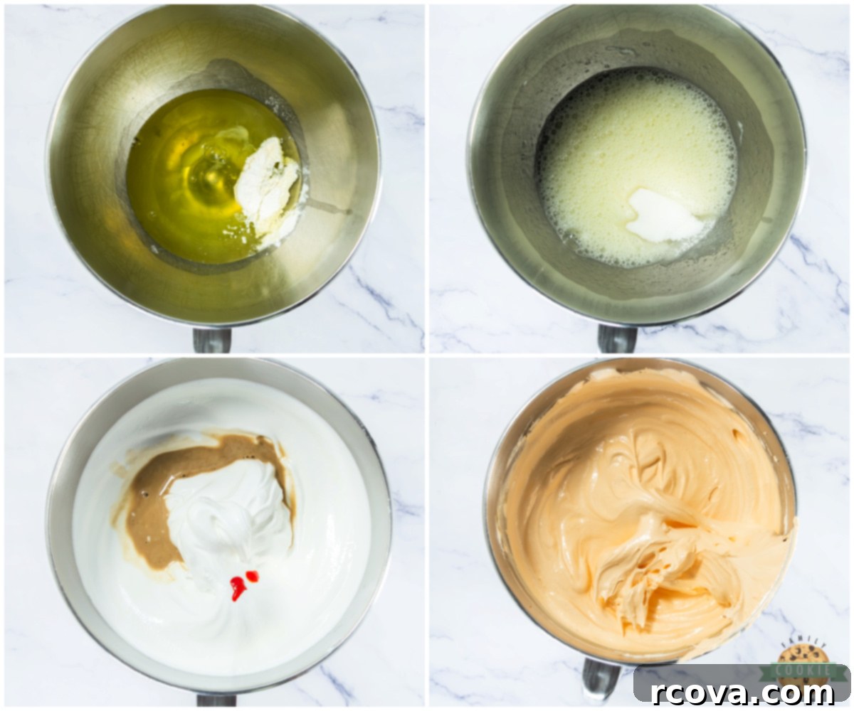 Pumpkin Spice Meringue Clouds 4 Step-by-step visual guide showing how to properly make Pumpkin Meringue Cookies, from mixing to piping.