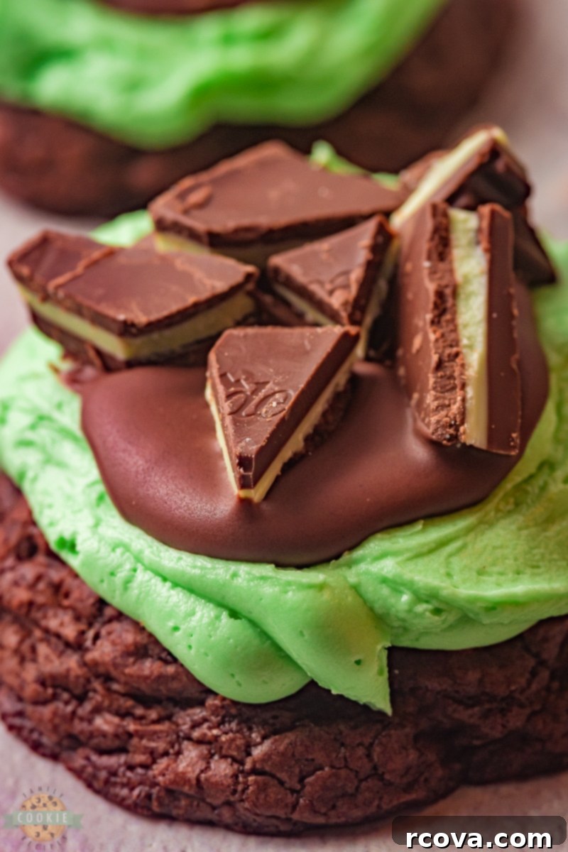 Grasshopper Delights 6 A close-up of a single Grasshopper Cookie, showing the layers of brownie, green mint frosting, chocolate ganache, and chopped Andes mints.