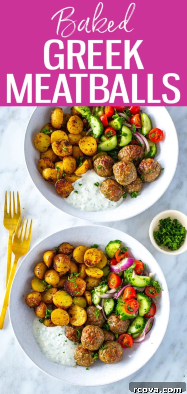 Oven-Roasted Greek Meatballs and Tangy Tzatziki 12 These Baked Greek Meatballs are so good! They're made healthier with ground chicken and served with potatoes, veggies and tzatziki. #greekmeatballs #chickenmeatballs