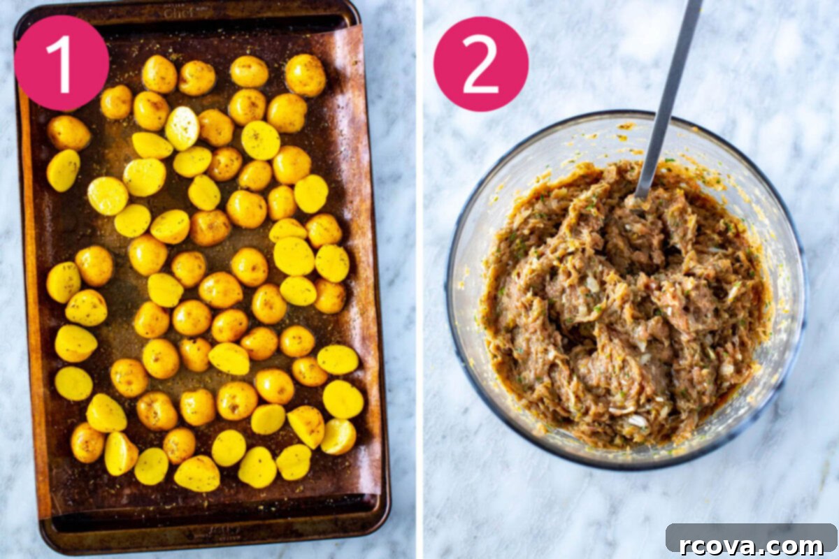 Oven-Roasted Greek Meatballs and Tangy Tzatziki 5 Steps 1 and 2 for making baked greek meatballs: roast potatoes and mix meatball mixture.