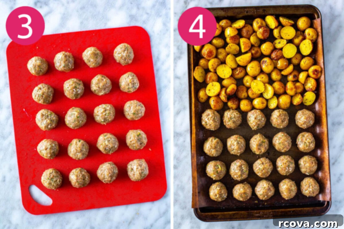 Oven-Roasted Greek Meatballs and Tangy Tzatziki 6 Steps 3 and 4 for making baked greek meatballs: form meatballs then bake with potatoes.