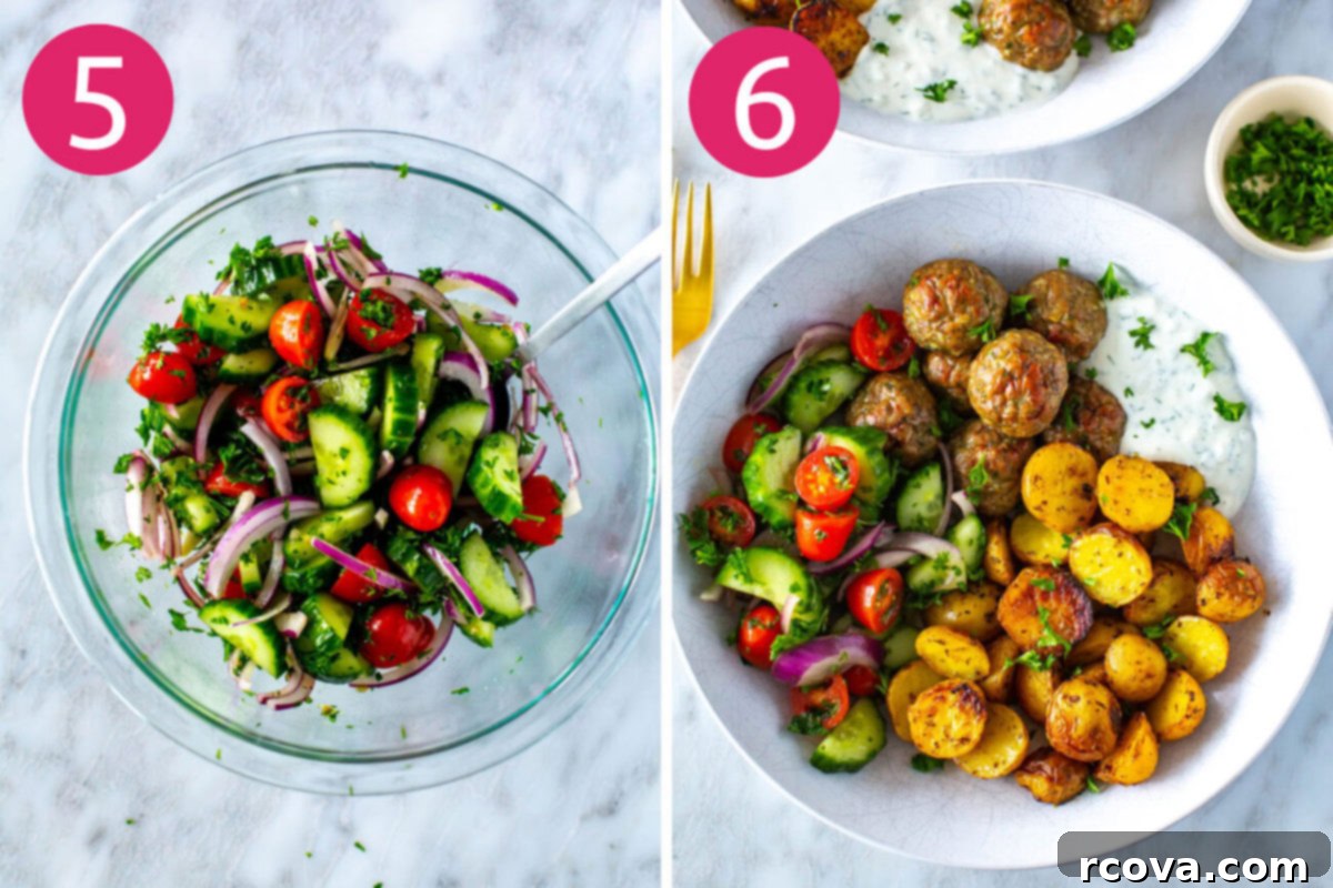 Oven-Roasted Greek Meatballs and Tangy Tzatziki 7 Steps 5 and 6 for making greek chicken meatballs: assemble side veggies then serve everything together with tzatziki.