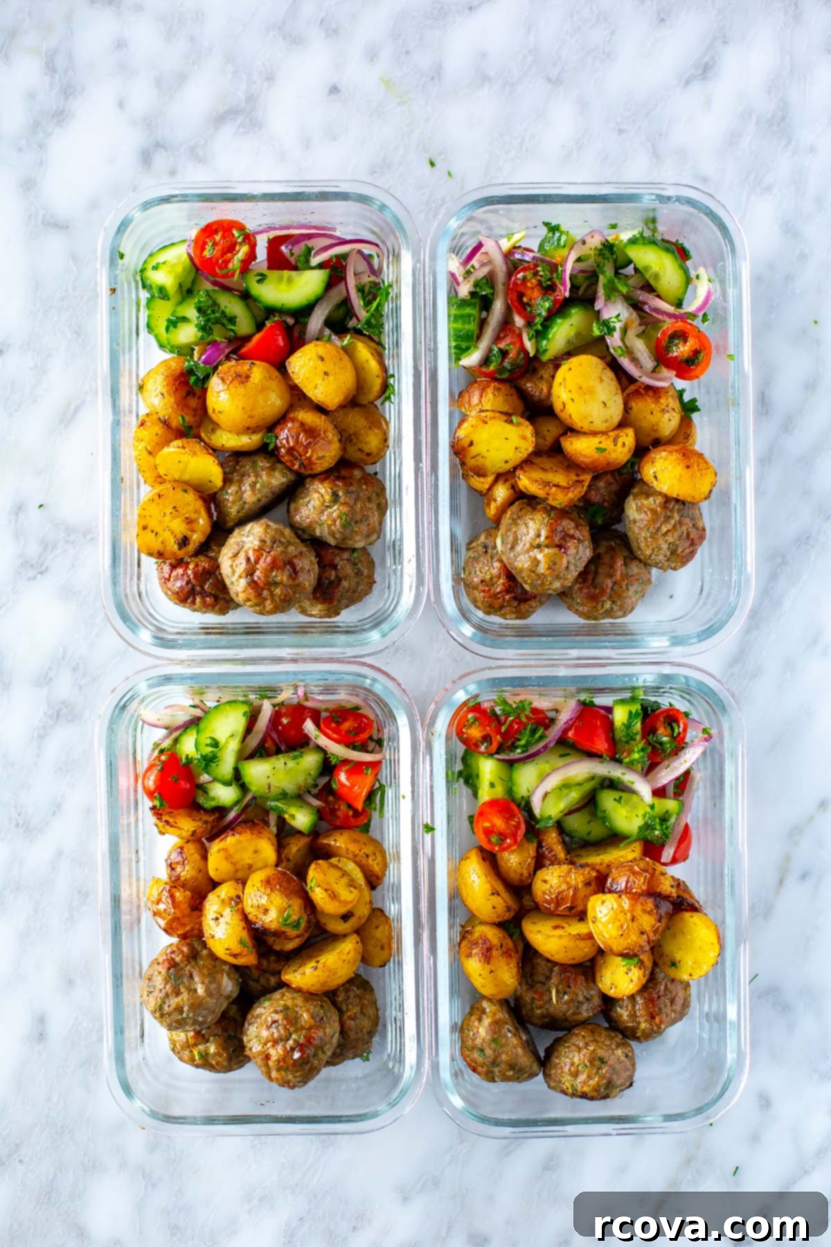 Oven-Roasted Greek Meatballs and Tangy Tzatziki 10 Four meal prep containers, each with a serving of greek meatballs, potatoes and a side of veggies.