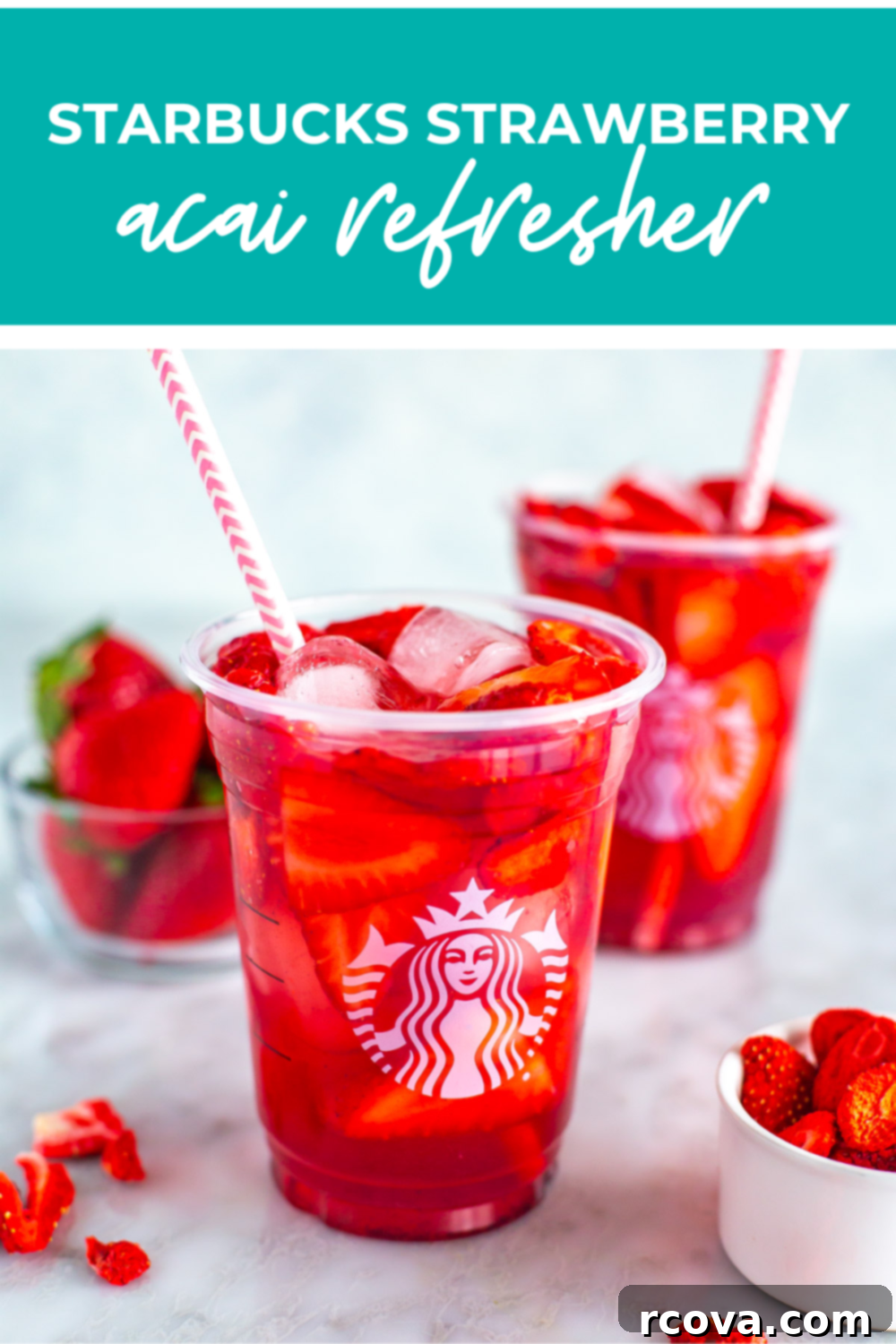 DIY Starbucks Strawberry Acai Refresher 12 Overhead shot of drinks in 2 plastic cups with green banner on the top - reading "starbucks strawberry acai refreshers