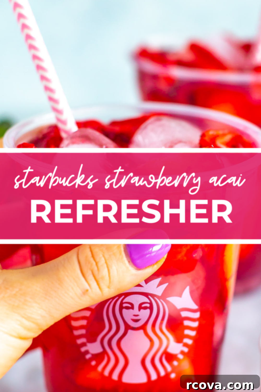 DIY Starbucks Strawberry Acai Refresher 13 Overhead shot of drinks in 2 plastic cups with green banner in the middle - reading "starbucks strawberry acai refreshers