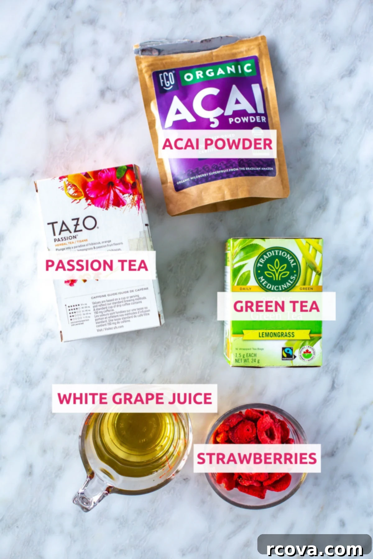 DIY Starbucks Strawberry Acai Refresher 4 Ingredients for Starbucks strawberry acai refresher: passion tea, green tea, acai powder, white grape juice and strawberries.