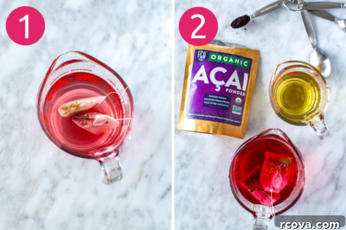 DIY Starbucks Strawberry Acai Refresher 5 Steps 1 and 2 for making Starbucks strawberry acai refresher: brew passion tea and green tea, then assemble ingredients.
