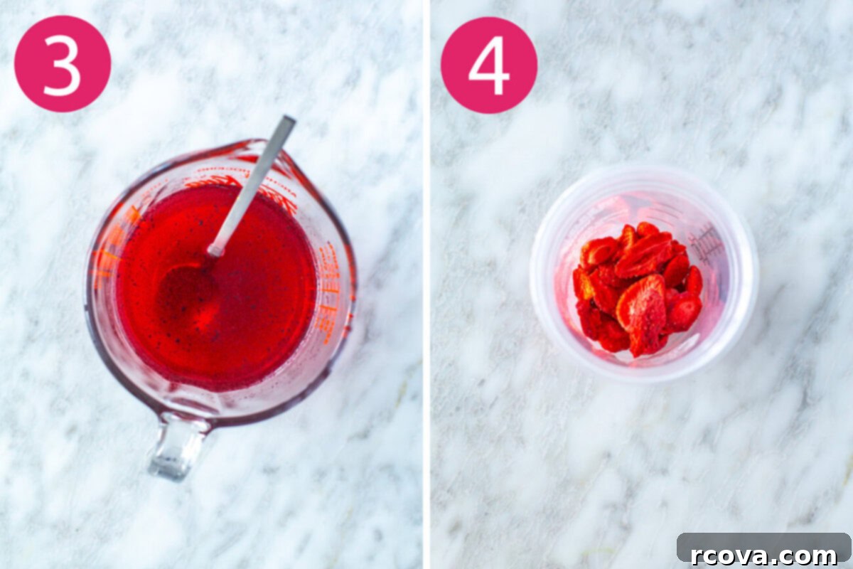 DIY Starbucks Strawberry Acai Refresher 6 Steps 3 and 4 for making Starbucks strawberry acai refresher: mix ingredients then add strawberries to a cup.