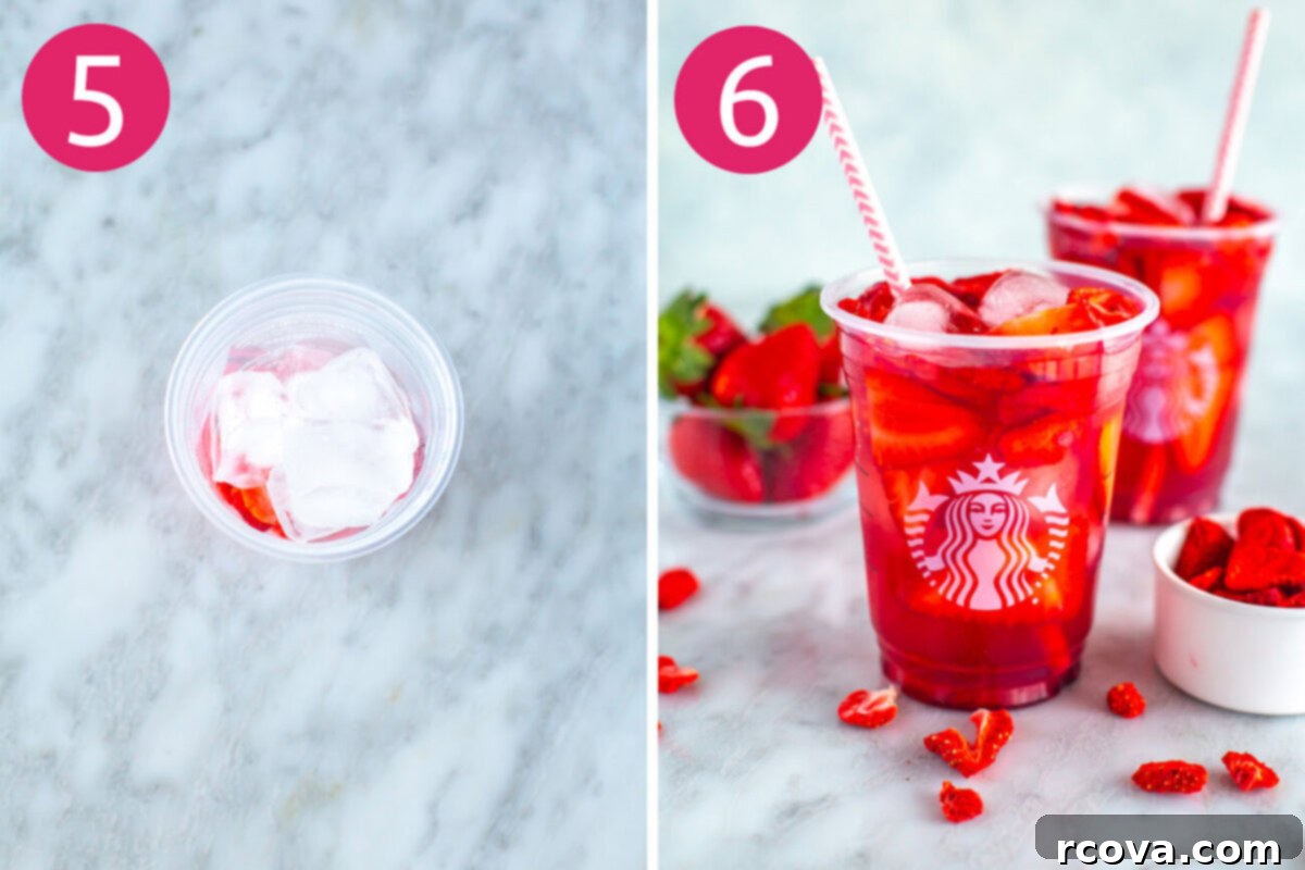 DIY Starbucks Strawberry Acai Refresher 7 Steps 5 and 6 for making Starbucks strawberry acai refresher: Layer in ice then pour mixed drink into the glass.