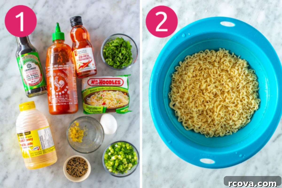 Quick Fiery Noodles 5 Steps 1 and 2 for making spicy noodles: assemble ingredients and cook ramen noodles.