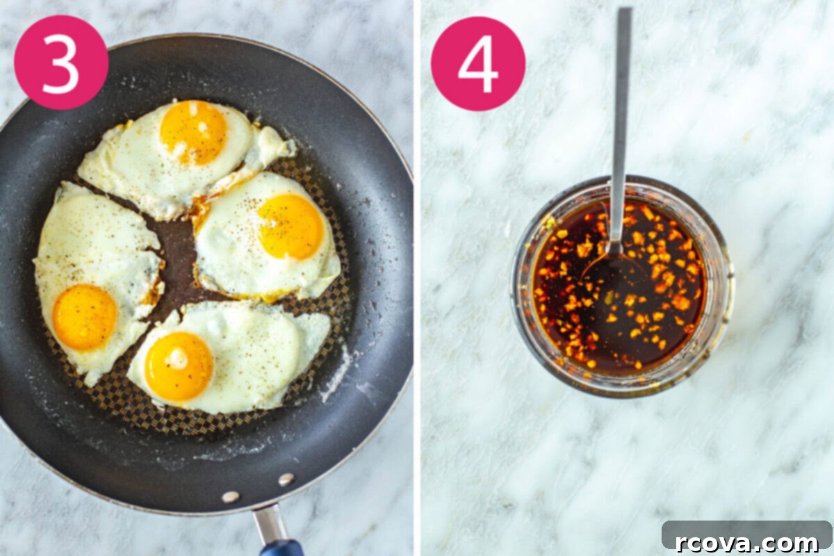 Quick Fiery Noodles 6 Steps 3 and 4 for making spicy noodles: cook eggs then make sauce.