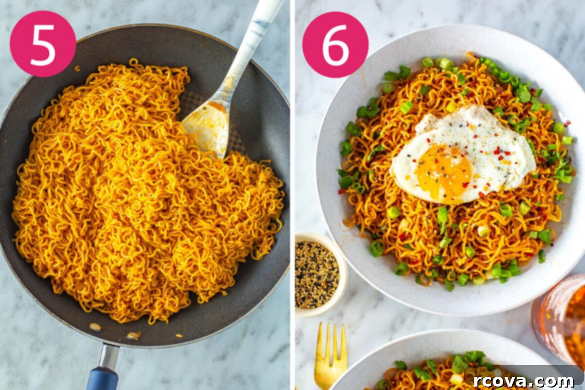 Quick Fiery Noodles 7 Steps 5 and 6 for making spicy noodles: Toss noodles with sauce then serve with egg and additional garnishes.