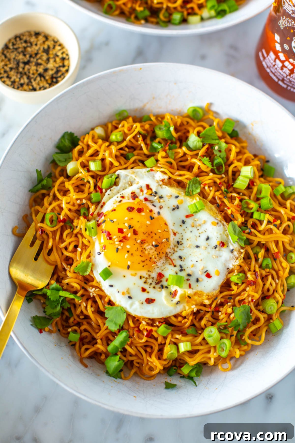 Quick Fiery Noodles 8 A close-up of a bowl of spicy noodles topped with a fried egg, green onions and cilantro with a fork in it, ready to be eaten.