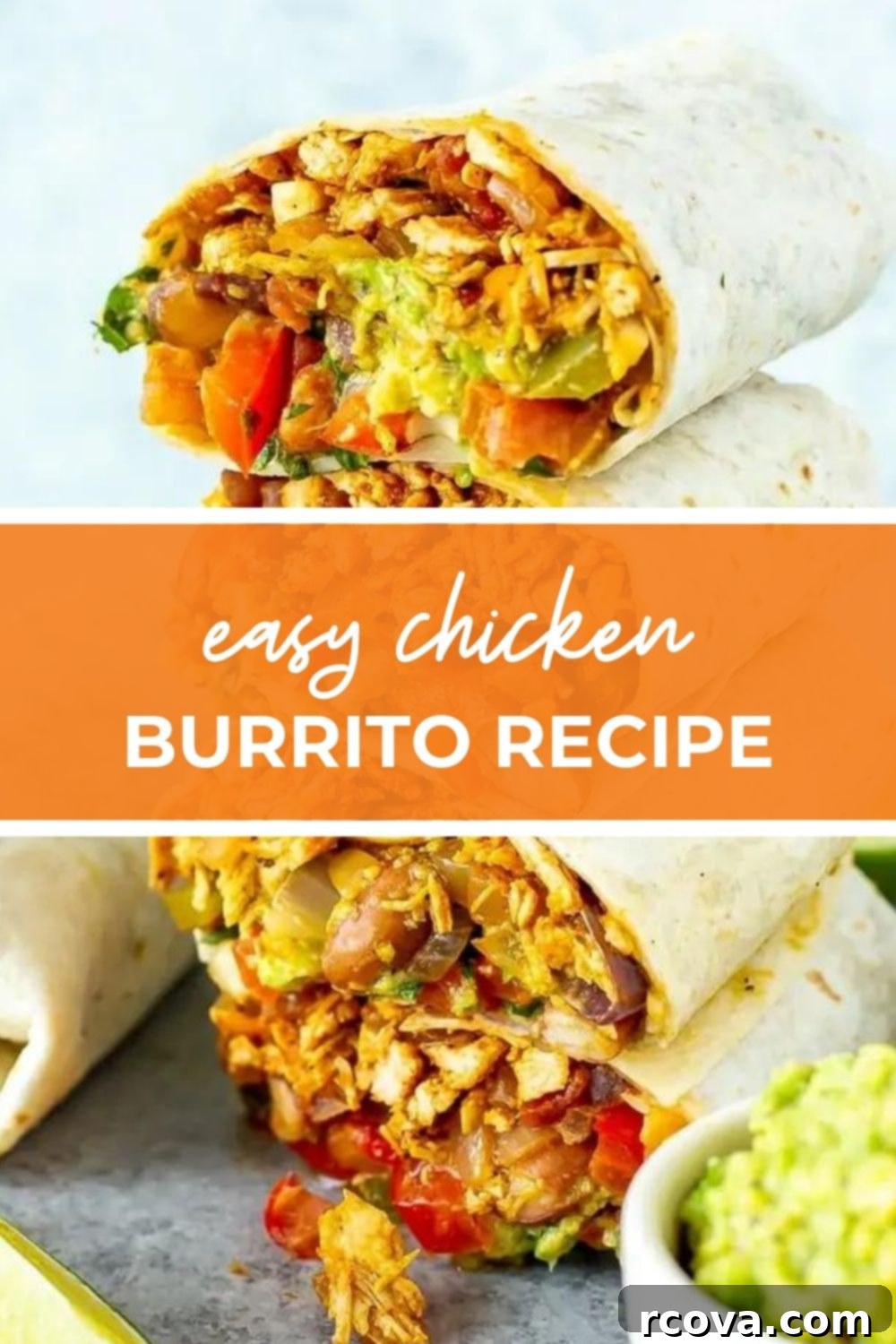 Quick Chicken Burrito Meal 13 Chicken burritos stacked on top of each other, with text over top that says 'Easy Chicken Burrito Recipe'
