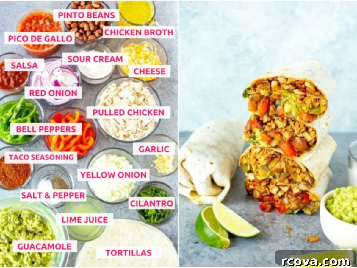 Quick Chicken Burrito Meal 4 A vibrant display of fresh ingredients for chicken burrito: chicken breasts, tortillas, homemade guacamole, fresh lime, cilantro, yellow onion, minced garlic, shredded cheese, sour cream, colorful bell peppers, salsa, salt, pepper, red onion, chicken broth and pinto beans.
