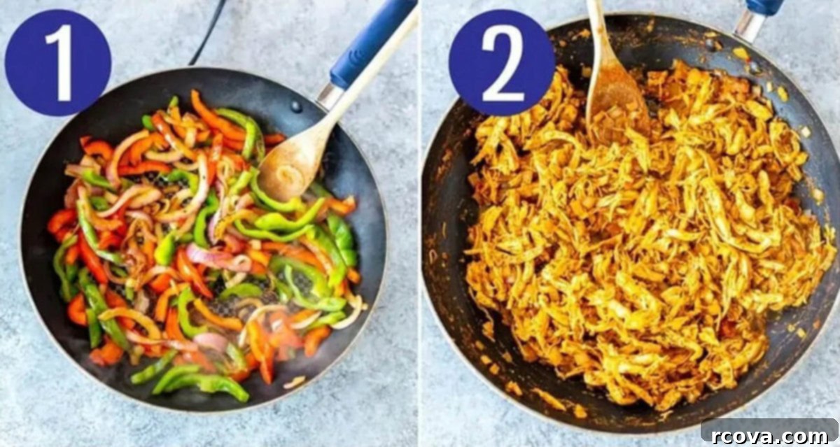 Quick Chicken Burrito Meal 5 First two steps for making chicken burritos: Sauteing colorful bell peppers and red onion, and cooking and shredding chicken for the filling.