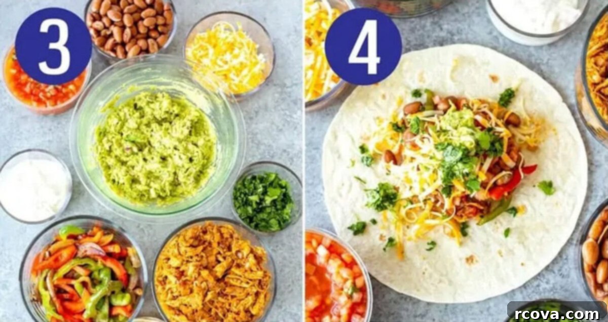 Quick Chicken Burrito Meal 6 Steps 3 and 4 for making chicken burritos: Preparing a variety of fresh toppings and assembling the burritos on flour tortillas.