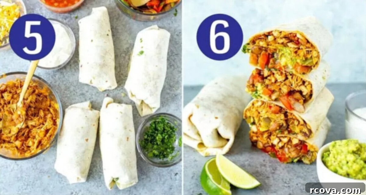 Quick Chicken Burrito Meal 7 Steps 5 and 6 for finishing chicken burritos: Rolling them into neat wraps and then frying them in a skillet until golden.