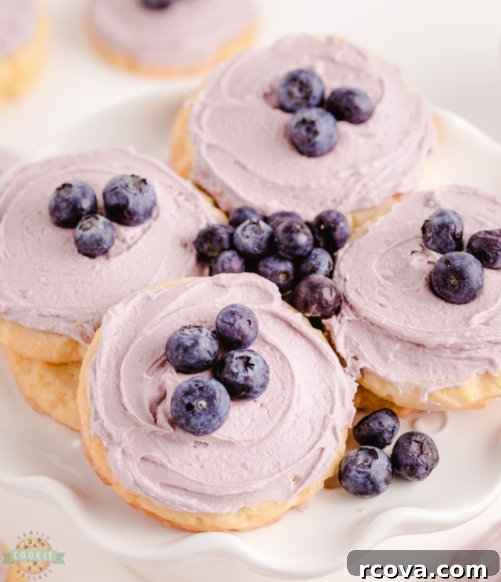 Blueberry Sugar Cookies with Blueberry Buttercream Frosting Frosted blueberry sugar cookies stacked on a white plate, garnished with fresh blueberries.
