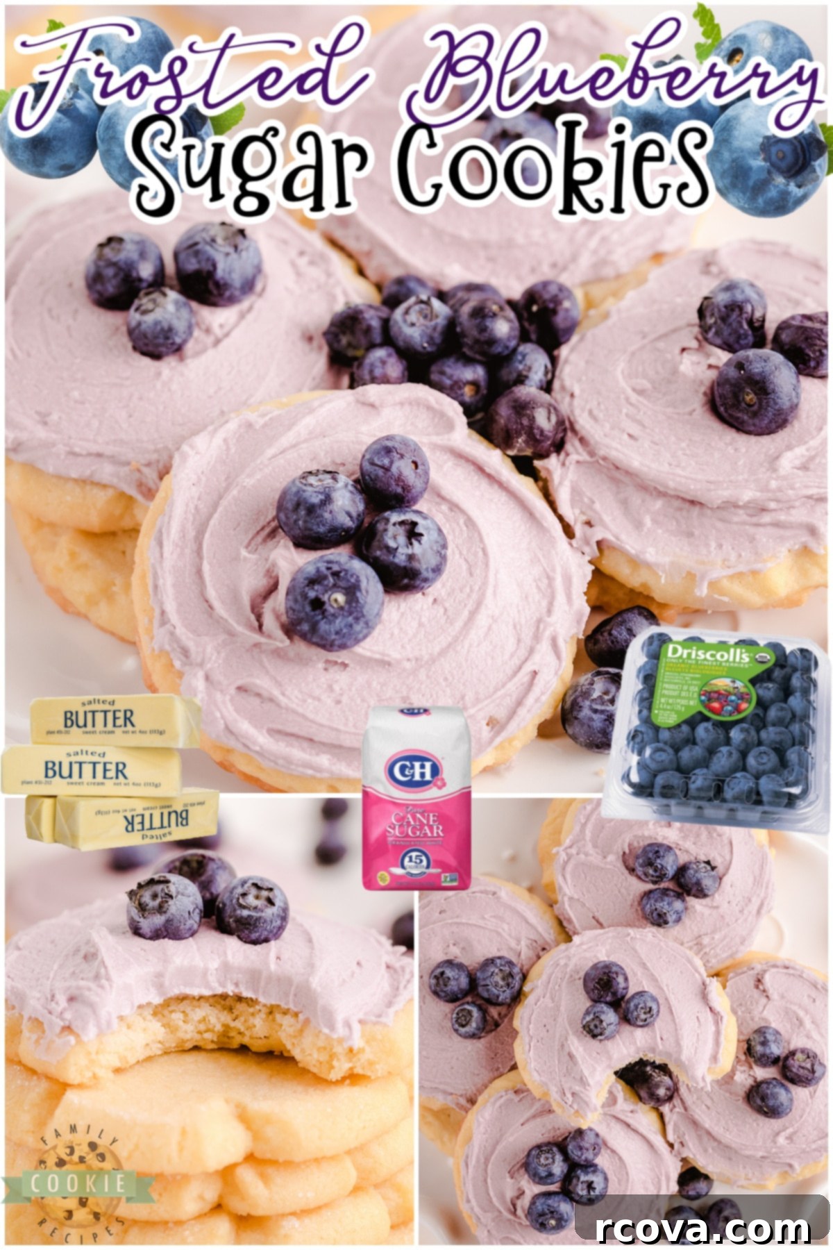 Large and Small Blueberry Sugar Cookies A collage of various blueberry sugar cookie images, some whole, some with a bite taken.